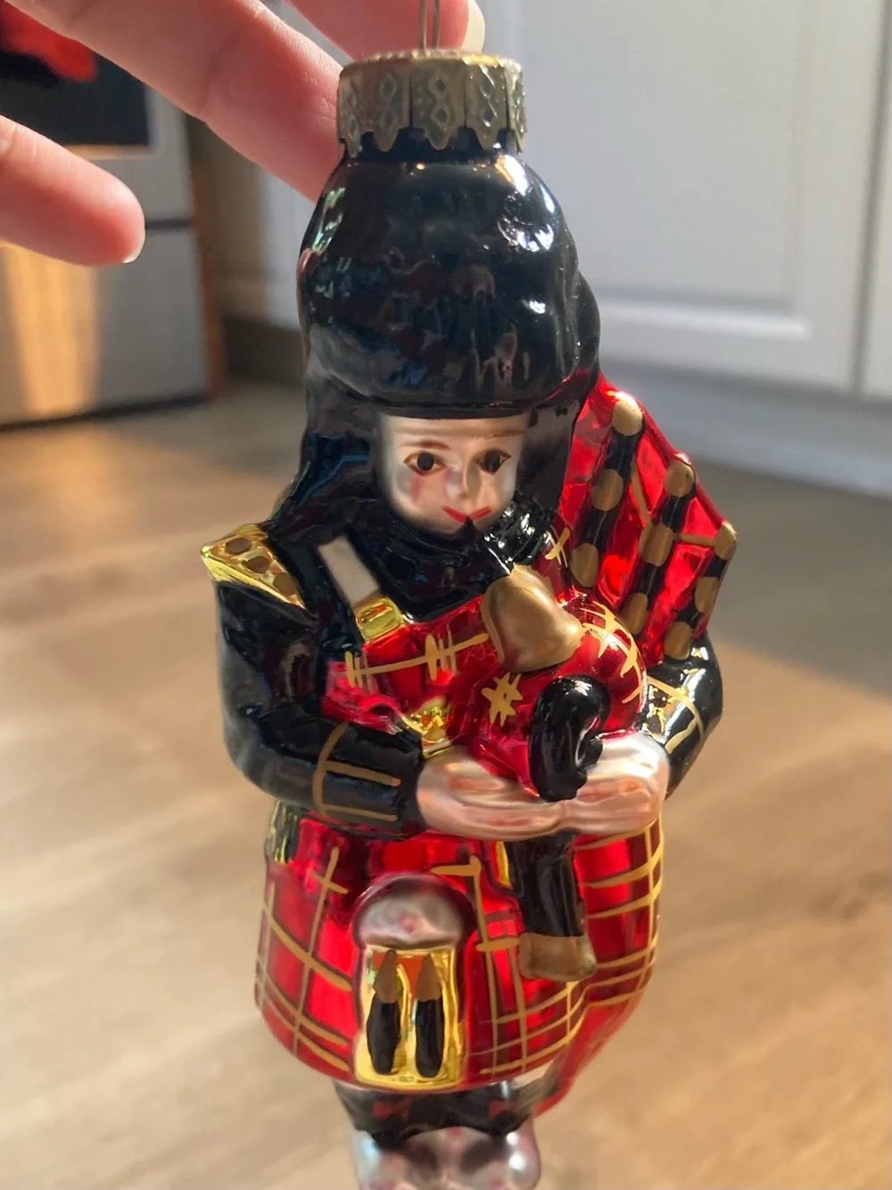 Hand-Painted Red Bagpiper Glass Ornament - Decorative Home Art